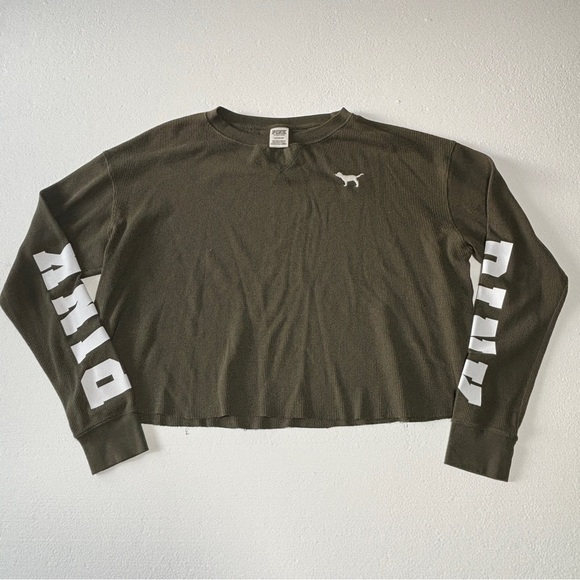 Victoria Secret’s PINK Women's Waffle Long Sleeve Dark Green Cropped Top Large - Picture 1 of 8